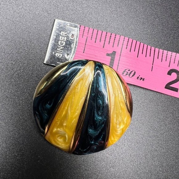 VINTAGE Circle Round Striped Gold Tone Yellow Blue Earrings - Picture 5 of 6